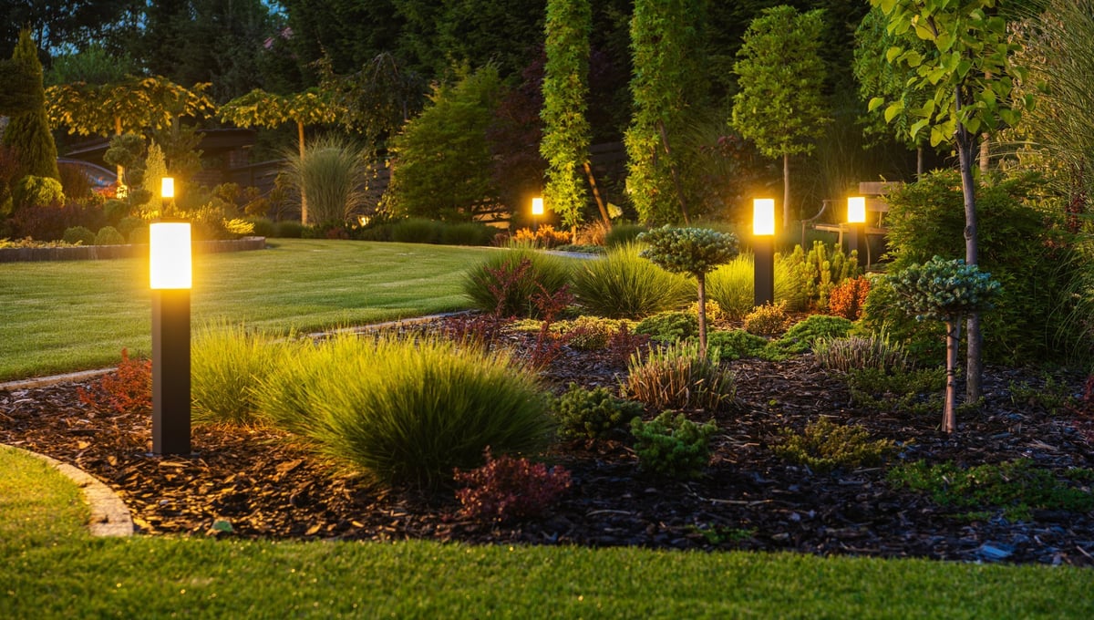 Beautiful LED landscape lighting illuminating backyard garden at night